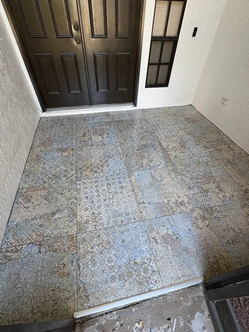 Patterned porcelain tile on a covered front entry in Brandon, FL